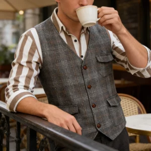 2026 Spring New Casual Mens Woolen Waistcoats Vintage Plaid Textured Button Vest Jackets Men Fashion V Neck Sleeveless Jacket - Image 5