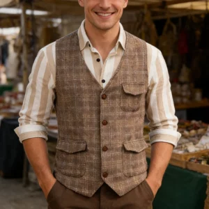 2026 Spring New Casual Mens Woolen Waistcoats Vintage Plaid Textured Button Vest Jackets Men Fashion V Neck Sleeveless Jacket - Image 8