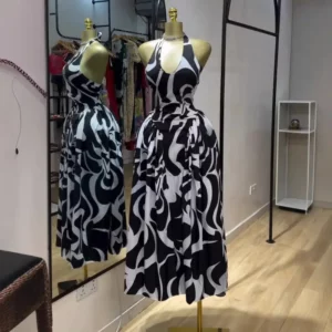 2025 Women V-neck Sleeveless Halter Print Midi Dress Backless Elegant Birthday Beach Party Vestidos Big Swing Dresses - Image 4