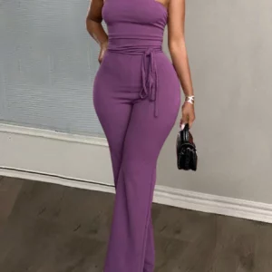 Women's Summer Elegant Solid Color Strapless Wide-Leg Jumpsuit - Image 7
