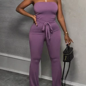 Women's Summer Elegant Solid Color Strapless Wide-Leg Jumpsuit - Image 3