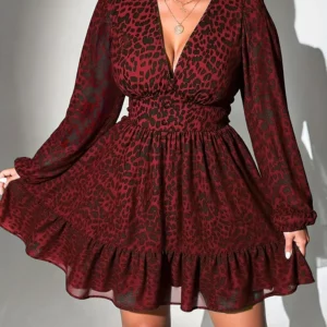 New Sexy V-Neck Leopard Print Long-Sleeve Dress Plus Size Women Clothing American Slim A-Line Skirt Elegant Party Evening Dress - Image 1