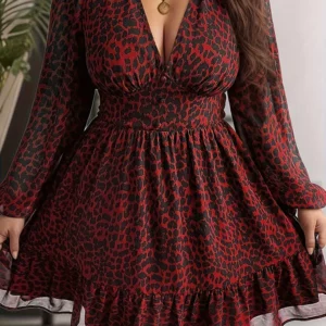 New Sexy V-Neck Leopard Print Long-Sleeve Dress Plus Size Women Clothing American Slim A-Line Skirt Elegant Party Evening Dress - Image 2