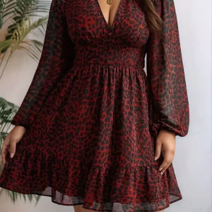 New Sexy V-Neck Leopard Print Long-Sleeve Dress Plus Size Women Clothing American Slim A-Line Skirt Elegant Party Evening Dress - Image 7
