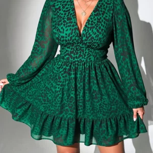 New Sexy V-Neck Leopard Print Long-Sleeve Dress Plus Size Women Clothing American Slim A-Line Skirt Elegant Party Evening Dress - Image 6