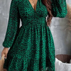 New Sexy V-Neck Leopard Print Long-Sleeve Dress Plus Size Women Clothing American Slim A-Line Skirt Elegant Party Evening Dress - Image 4