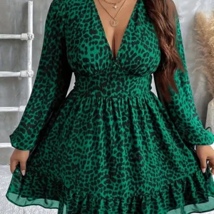 New Sexy V-Neck Leopard Print Long-Sleeve Dress Plus Size Women Clothing American Slim A-Line Skirt Elegant Party Evening Dress - Image 3