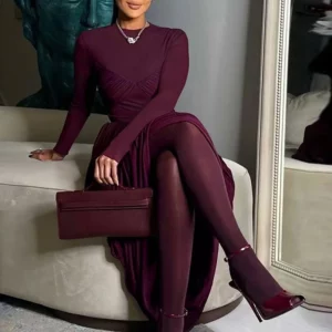 Nibber Splits Hem Dress Woman Mesh Patchwork o-Neck Full Sleeve Irregular Ruched Midnight Prom Party Elegant Skinny Vestidos - Image 1