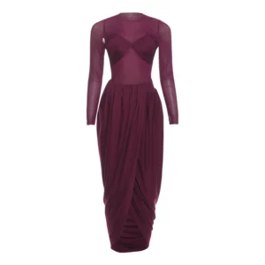 Nibber Splits Hem Dress Woman Mesh Patchwork o-Neck Full Sleeve Irregular Ruched Midnight Prom Party Elegant Skinny Vestidos - Image 8