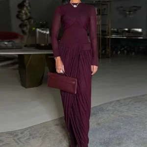 Nibber Splits Hem Dress Woman Mesh Patchwork o-Neck Full Sleeve Irregular Ruched Midnight Prom Party Elegant Skinny Vestidos - Image 3