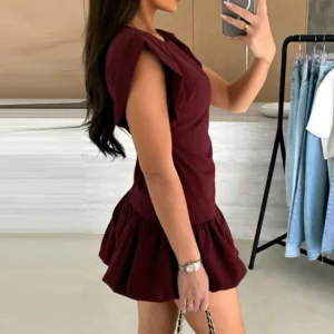 Office Elegant High Waist A-line Dress Fashion Women's O-neck Solid Color Holiday Dress Casual Ruffle Design Beach Short Dress - Image 1