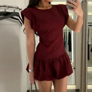 Office Elegant High Waist A-line Dress Fashion Women's O-neck Solid Color Holiday Dress Casual Ruffle Design Beach Short Dress - Image 2