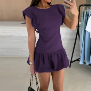 Office Elegant High Waist A-line Dress Fashion Women's O-neck Solid Color Holiday Dress Casual Ruffle Design Beach Short Dress - Image 6