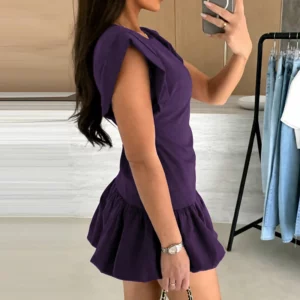 Office Elegant High Waist A-line Dress Fashion Women's O-neck Solid Color Holiday Dress Casual Ruffle Design Beach Short Dress - Image 4