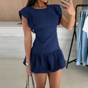 Office Elegant High Waist A-line Dress Fashion Women's O-neck Solid Color Holiday Dress Casual Ruffle Design Beach Short Dress - Image 3
