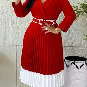 Women's Solid-Color Long-Sleeved Dress Color-Block Pleated A-Line Fashion Spring Autumn New - Image 4