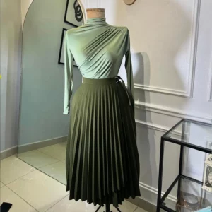 OMSJ Elegant Lady Pleated Irregular High Waist Buckle Mid-length A-line Skirts Solid Color Simple Loose Elastic Spring Skirt - Image 3