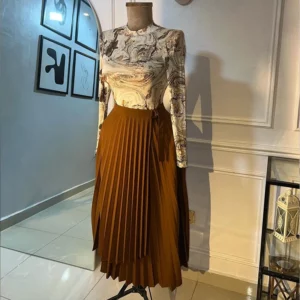 OMSJ Elegant Lady Pleated Irregular High Waist Buckle Mid-length A-line Skirts Solid Color Simple Loose Elastic Spring Skirt - Image 4