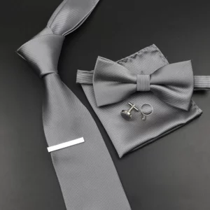 New Men's Tie Bowtie Set Luxury Business Worker Blue Black Solid Color Silk Polyester Jacquard Woven Necktie Suit Wedding Party - Image 2
