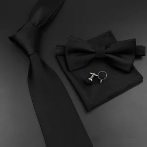 New Men's Tie Bowtie Set Luxury Business Worker Blue Black Solid Color Silk Polyester Jacquard Woven Necktie Suit Wedding Party - Image 5