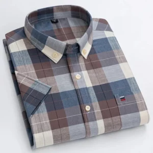 Men's high-quality Oxford cotton short sleeved shirt for summer comfort breathable classic solid color plaid business leisure - Image 2
