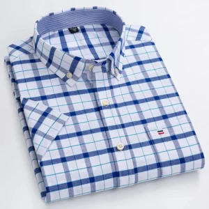 Men's high-quality Oxford cotton short sleeved shirt for summer comfort breathable classic solid color plaid business leisure - Image 7