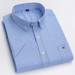 Men's high-quality Oxford cotton short sleeved shirt for summer comfort breathable classic solid color plaid business leisure - Image 5