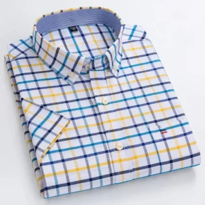 Men's high-quality Oxford cotton short sleeved shirt for summer comfort breathable classic solid color plaid business leisure - Image 3