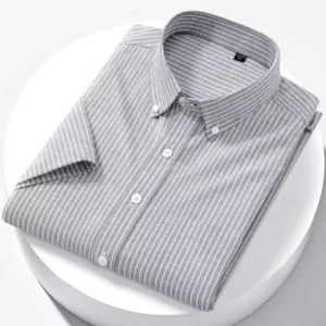 Luxury Men's Oxford Shirt 100% Cotton Short Sleeve Causal Stripe Solid Summer Basic Business Formal Social White Slim Fit Blouse - Image 5