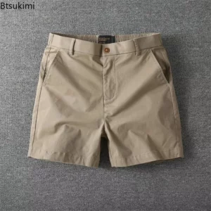 Men's Summer Casual Shorts Pure Cotton Solid Color Stretchy Straight Pants Trendy Hight Waist Elastic Waist Quarter Beach Pants - Image 3