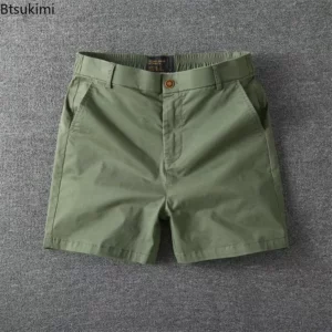 Men's Summer Casual Shorts Pure Cotton Solid Color Stretchy Straight Pants Trendy Hight Waist Elastic Waist Quarter Beach Pants - Image 4