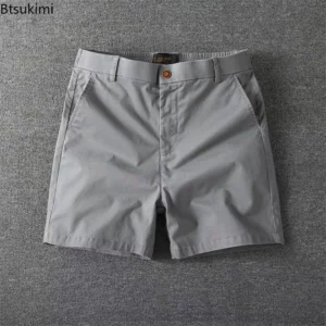 Men's Summer Casual Shorts Pure Cotton Solid Color Stretchy Straight Pants Trendy Hight Waist Elastic Waist Quarter Beach Pants - Image 5