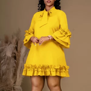 Roupas Feminina Lotus Leaf Sleeve Lace-up Solid Color Loose Casual Plus Size Dress Women's Beach Vacation Versatile A-line Skirt - Image 1