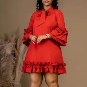 Roupas Feminina Lotus Leaf Sleeve Lace-up Solid Color Loose Casual Plus Size Dress Women's Beach Vacation Versatile A-line Skirt - Image 2