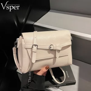 Vsper Belt Buckle Design Retro Shoulder Crossbody Bags For Women PU Leather Pure Color Satchels Bag Large Capacity Handbags 2026 - Image 1