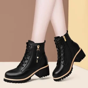 Women Shoes Boots Ankle 2023 New Autumn British Wind Genuine Leather Thick With Fur Ladies Short Boots Motorcycle heels boots - Image 2