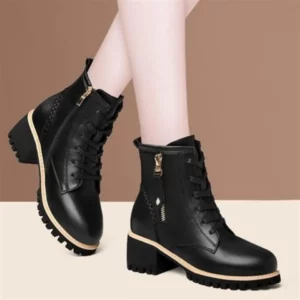 Women Shoes Boots Ankle 2023 New Autumn British Wind Genuine Leather Thick With Fur Ladies Short Boots Motorcycle heels boots - Image 4