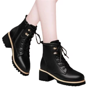 Women Shoes Boots Ankle 2023 New Autumn British Wind Genuine Leather Thick With Fur Ladies Short Boots Motorcycle heels boots - Image 6