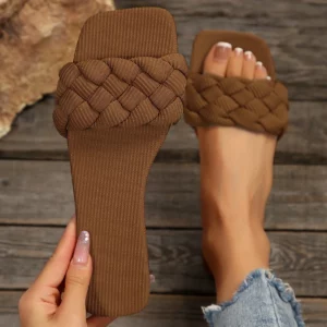Square-toe Basket-Woven Sandals, Flat Home Slippers - Image 1