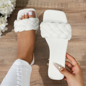 Square-toe Basket-Woven Sandals, Flat Home Slippers - Image 2
