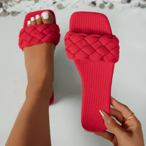 Square-toe Basket-Woven Sandals, Flat Home Slippers - Image 3