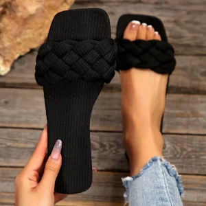Square-toe Basket-Woven Sandals, Flat Home Slippers - Image 4