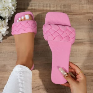 Square-toe Basket-Woven Sandals, Flat Home Slippers - Image 6