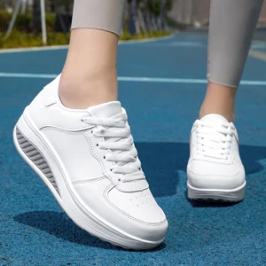 White Leather Fashionable Round Toe Rocking Shoes Casual Women Comfortable Thick Sole Sloping Heel Outdoor Sports Shoes Black - Image 1