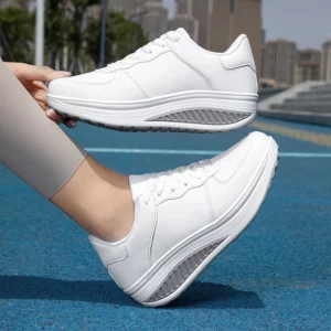 White Leather Fashionable Round Toe Rocking Shoes Casual Women Comfortable Thick Sole Sloping Heel Outdoor Sports Shoes Black - Image 2