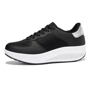 White Leather Fashionable Round Toe Rocking Shoes Casual Women Comfortable Thick Sole Sloping Heel Outdoor Sports Shoes Black - Image 3
