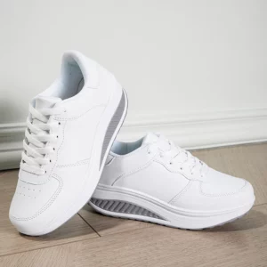 White Leather Fashionable Round Toe Rocking Shoes Casual Women Comfortable Thick Sole Sloping Heel Outdoor Sports Shoes Black - Image 4