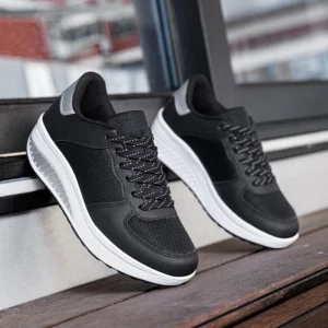 White Leather Fashionable Round Toe Rocking Shoes Casual Women Comfortable Thick Sole Sloping Heel Outdoor Sports Shoes Black - Image 6