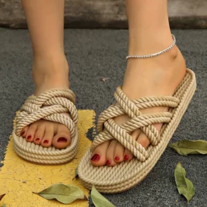 2025 New Summer Women's Hemp Rope Sandals Woven Elastic Roman Flat Bottom Casual and Comfortable Beach Shoes Женские Сандалии - Image 2