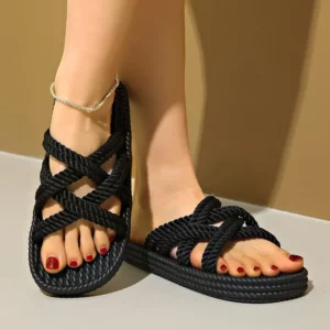 2025 New Summer Women's Hemp Rope Sandals Woven Elastic Roman Flat Bottom Casual and Comfortable Beach Shoes Женские Сандалии - Image 3